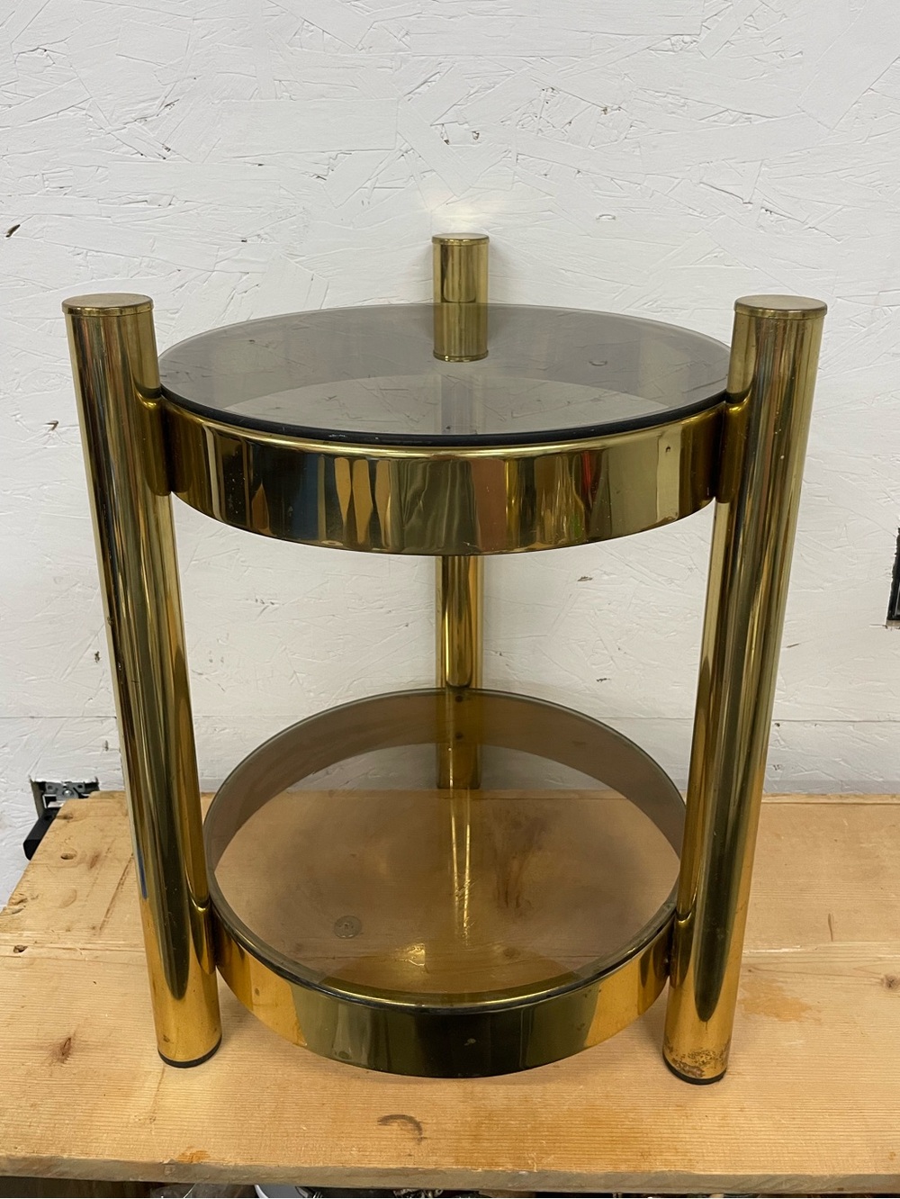 1980s Brass And Smoked Glass Side Table, 17.5” Tall, 12” Diametre